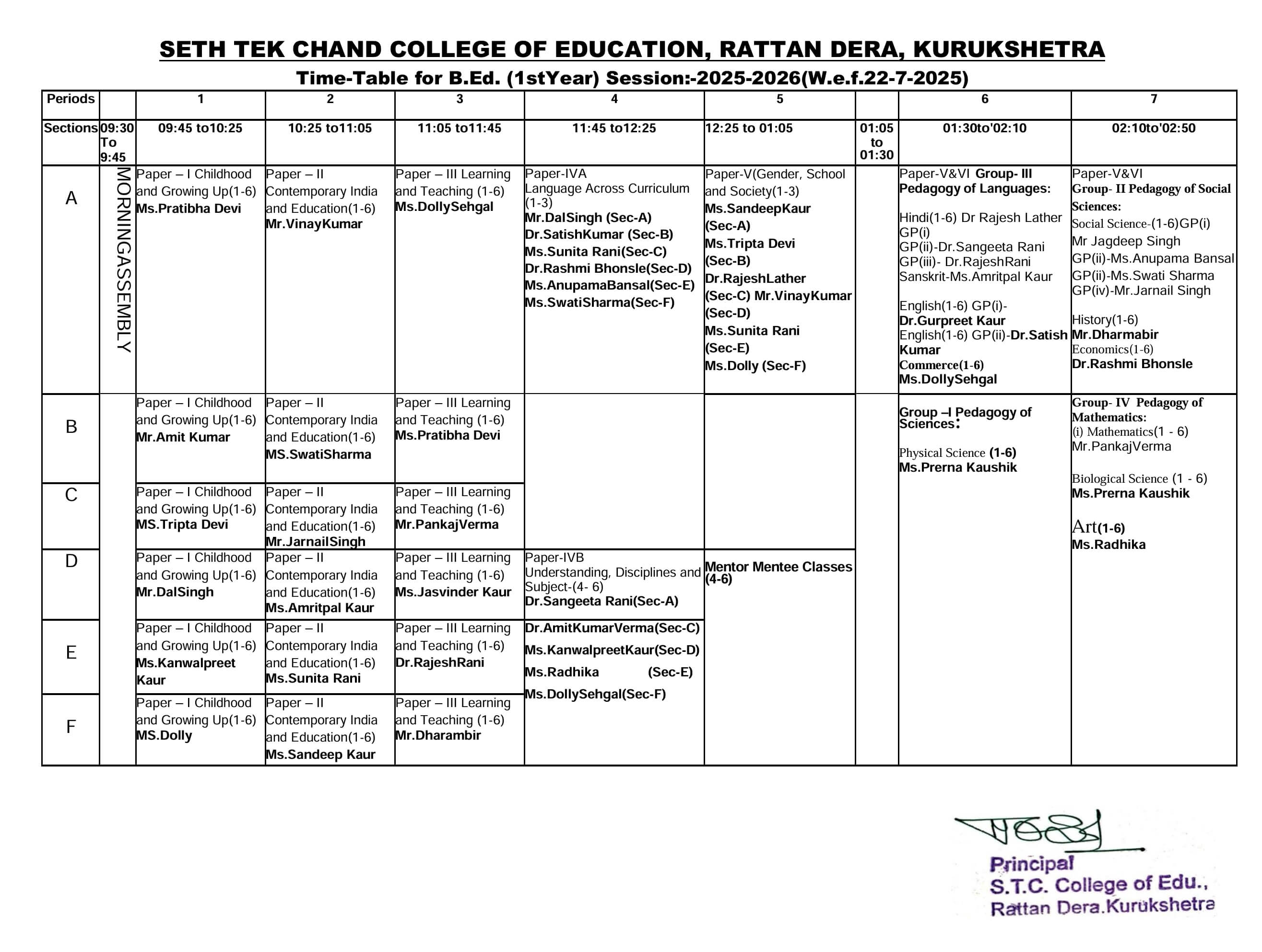 time table of B.Ed