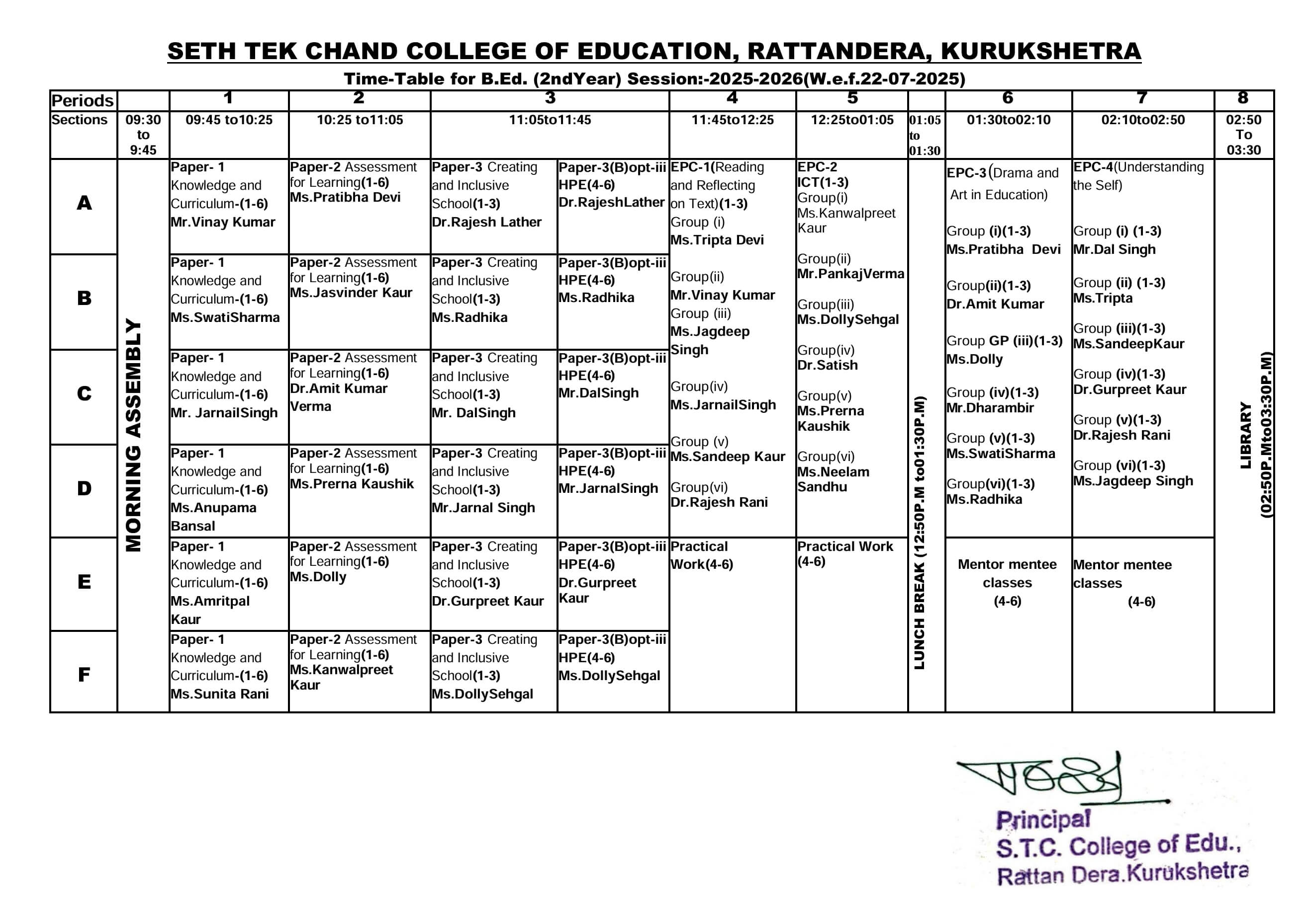 time table of B.Ed